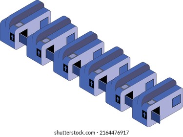 Isometric illustration of a row of blue automatic turnstiles with main lines. Infographic material. Right facing. Station concept.