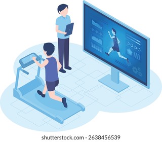Isometric illustration of a running man analyzing his physical data