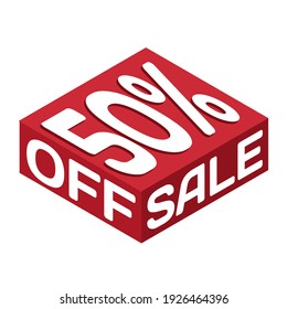 isometric illustration of "Sale 50% Off" text on a thin red box, perfect for e-commerce banner elements