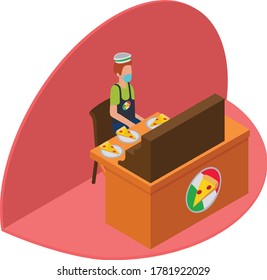 Isometric illustration of sales man selling pizza