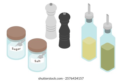 Isometric illustration: salt, sugar, pepper and oil