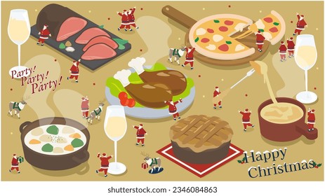 It is an isometric illustration of Santa Claus and reindeer enjoying Christmas gourmet.