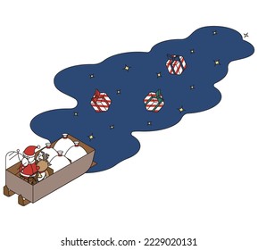 It is an isometric illustration of Santa Claus riding a sleigh with reindeer and handing out presents.