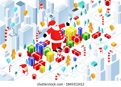 Isometric illustration of Santa Claus  stands at the City square and surrounded by presents. Happy Christmas and happy new year illustration 