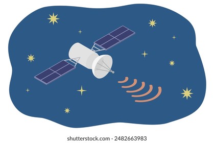 Isometric illustration: satellite floating in outer space
