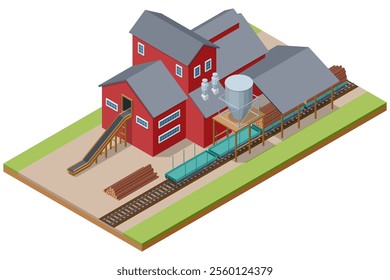 Isometric illustration of a sawmill building with a conveyor system loading logs onto railway wagons. Industrial facility for wood processing and lumber transportation.