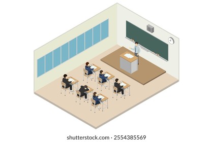 Isometric illustration: School classroom (teacher and students)