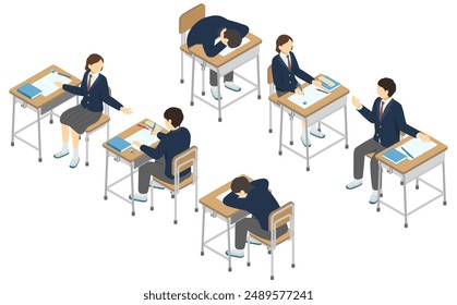 Isometric illustration: school desk and high school student