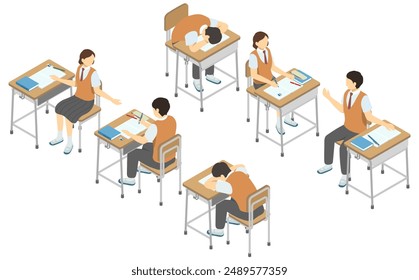 Isometric illustration: school desk and high school student (summer)