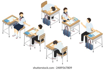 Isometric illustration: school desk and students (summer)