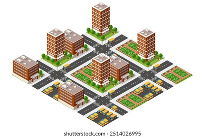 Ilustración isométrica de un distrito escolar con múltiples edificios escolares y autobuses escolares conduciendo en el cruce