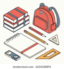 Isometric illustration of school supplies and back to school concept