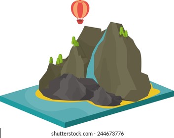 isometric illustration of sea landscape with an island in the sea and cliffs