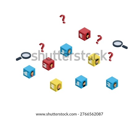 Isometric illustration of searching and identifying user profiles or the right candidate