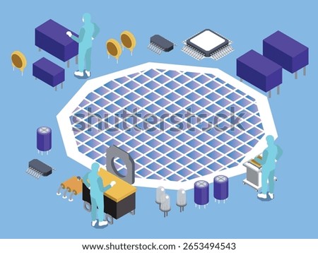 Isometric Illustration of Semiconductor Manufacturing and Microchip Production Process 3d vector illustration
