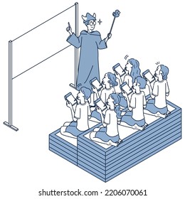 It is an isometric illustration of a seminar to train a heat wave teacher.