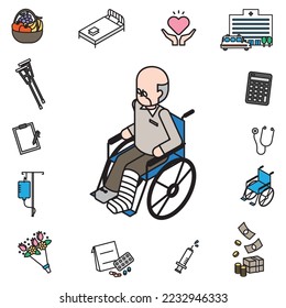 Isometric illustration of a senior man in a wheelchair with a broken leg.