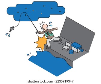 It is an isometric illustration of a senior man who is fishing at night falling into the sea.