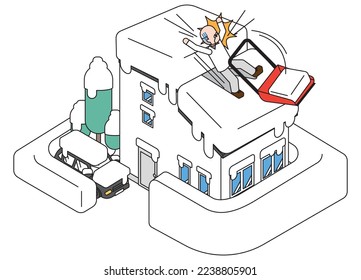 It is an isometric illustration of a senior man who fell from the roof while removing snow.