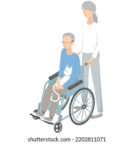 It is an isometric illustration of a senior woman pushing a wheelchair, a senior man riding a wheelchair, and a pet dog.
