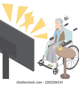It is an isometric illustration of a senior woman sitting in a wheelchair and watching TV boringly.