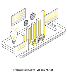 An isometric illustration of SEO graphs, gears, and a light bulb icon displayed on a smartphone. Perfect for web marketing, SEO, and data analysis concepts.