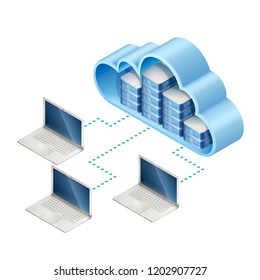 Isometric illustration of server or computer in cloud and laptops, connected with internet, EPS 10 contains transparency.