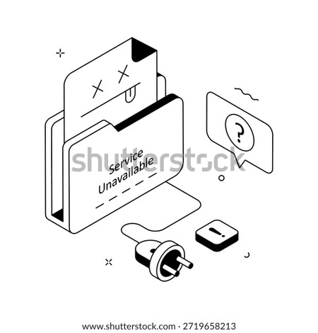 Isometric illustration of service unavailable error with unplugged cable and sad document