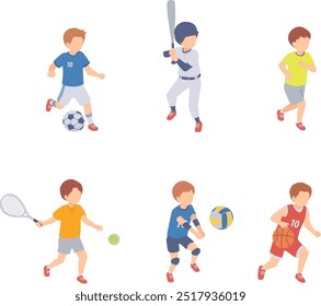 Isometric illustration set of boy enjoying sports