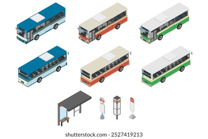 Isometric illustration: set of buses and bus stops