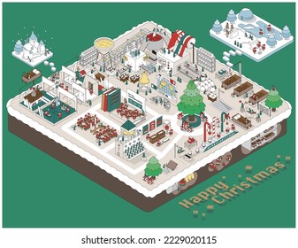 Isometric illustration of a set of the city where Santa Claus lives.