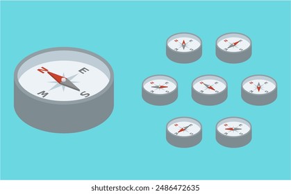 Isometric illustration: set of compass pointing in various directions