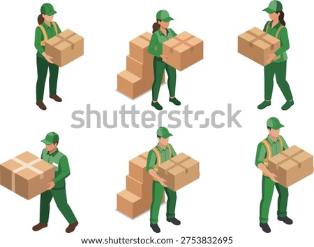 Isometric illustration set of delivery workers and workers carrying packages (logistics, delivery, moving), green color scheme.