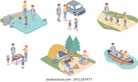 Isometric illustration set of a family camping