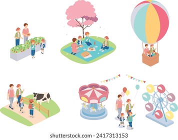 Isometric illustration set of a family enjoying a spring outing