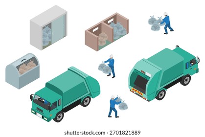Ilustração isométrica: conjunto de caminhões de lixo e lixões