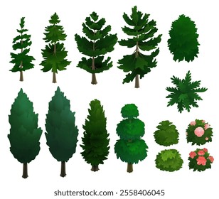 Isometric illustration of a set of isolated trees, bushes, and flowers on a white background. Clean, minimal design perfect for mobile games or botanical-themed digital assets.