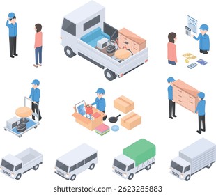 Isometric illustration set of movers and unnecessary goods collection companies