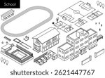Isometric illustration set of simple line drawings for school buildings, playgrounds, and sports facilities, Vector Illustration