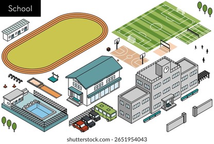 Conjunto de ilustrações isométricas de desenhos de linha simples para edifícios escolares, playgrounds e instalações esportivas, Ilustração vetorial