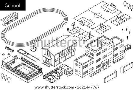 Isometric illustration set of simple line drawings for school buildings, playgrounds, and sports facilities, Vector Illustration