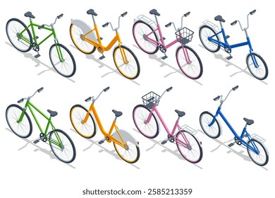 An isometric illustration of a set of urban bicycles in various colors and designs, including step-through, commuter, and city bikes. Perfect for urban transport and bike-sharing.