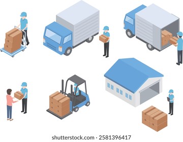 Isometric illustration set of workers at logistics company