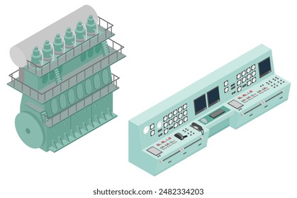 Ilustración isométrica: motor de barco y sala de control