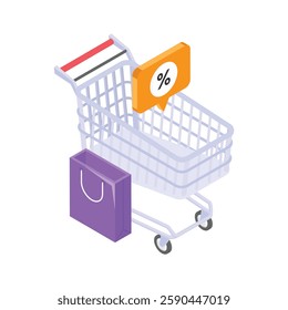 An isometric illustration of a shopping cart with a discount sign