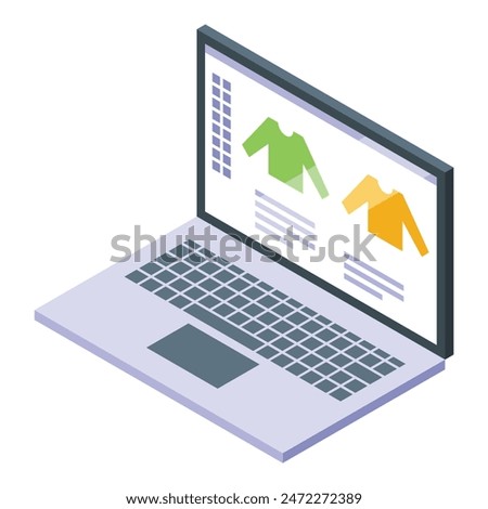 Isometric illustration showcasing a laptop with online store interface displaying apparel
