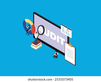 Uma ilustração isométrica mostrando uma equipe de profissionais realizando uma auditoria completa. Uma tela grande exibe a palavra "AUDIT"