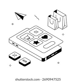 Una ilustración isométrica que muestra una interfaz de App de compras móvil fácil de usar