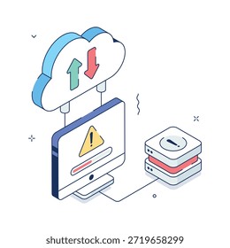 Ilustração isométrica mostrando o erro de conexão de dados em nuvem para designs de Web e aplicativos.