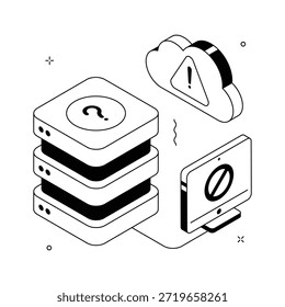 Ilustração isométrica mostrando problema no servidor de nuvem ou falha no backup on-line.